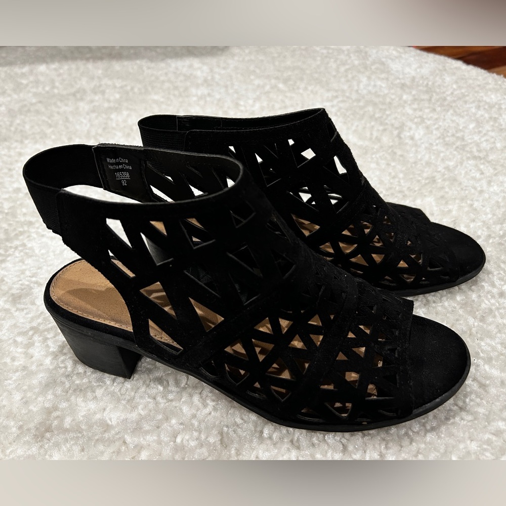American Eagle Black Suede Open Toe Cut Out Booties
